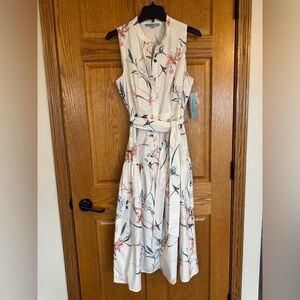 Sleeveless White Floral Midi Dress with Belt